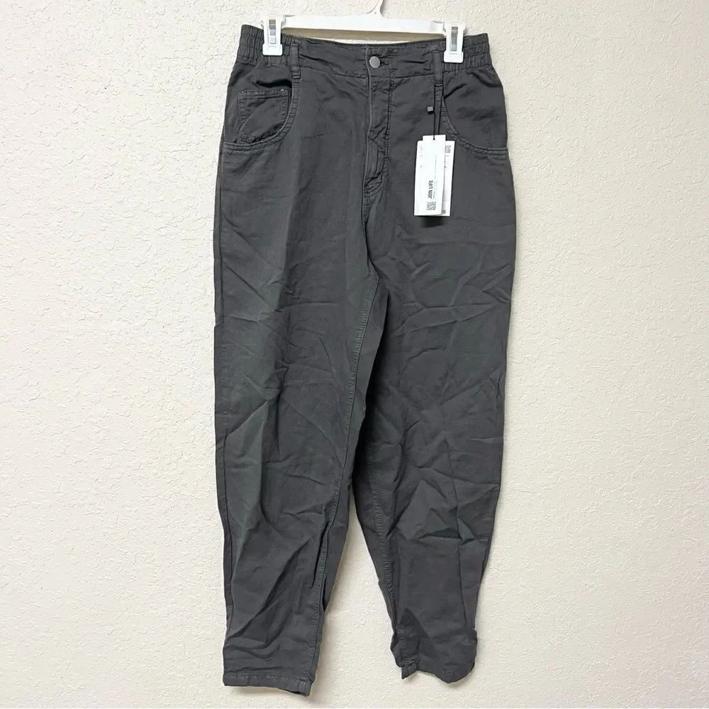 NWT Zara Womens Size M Elastic Waist Tapered Cargo Pants Gray Pockets
